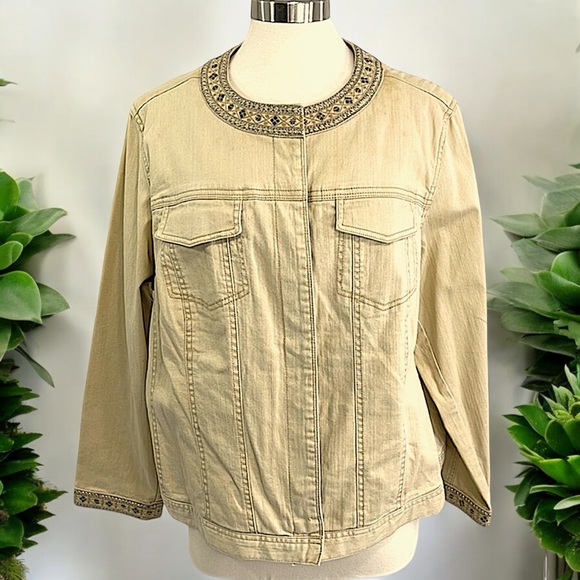 New Avenue AV/X Khaki Denim Embellished Jewel Trim Jacket - Picture 10 of 16